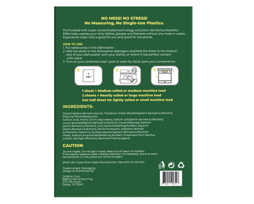 NATURAL BIO-DEGRADABLE DISHWASHING DETERGENT SHEETS