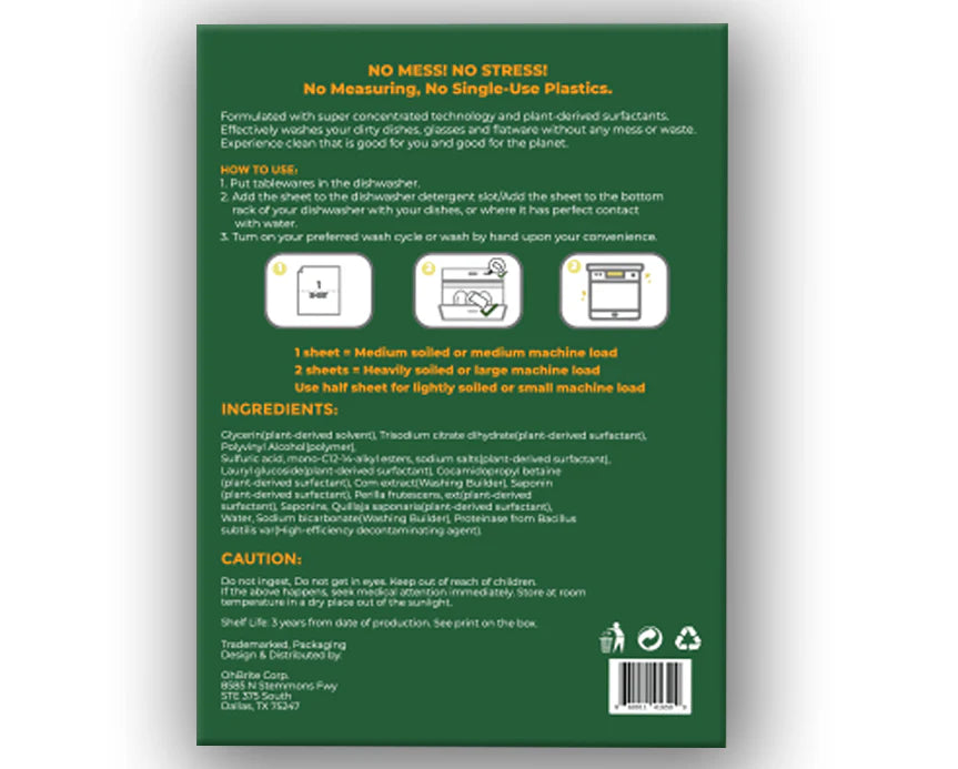 NATURAL BIO-DEGRADABLE DISHWASHING DETERGENT SHEETS