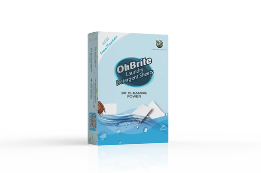 OhBrite Natural Biodegradable Laundry Detergent Sheets packaging with 3X cleaning power for eco-friendly laundry.