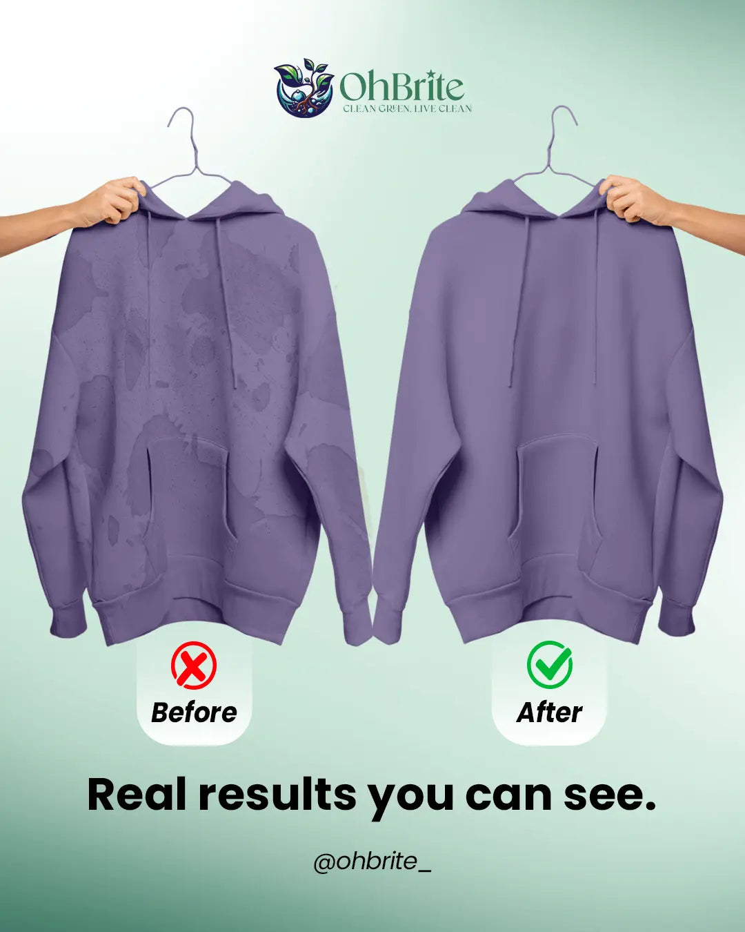 Purple hoodie before and after cleaning with OhBrite Natural Biodegradable Laundry Detergent Sheets