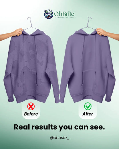 Purple hoodie before and after cleaning with OhBrite Natural Biodegradable Laundry Detergent Sheets