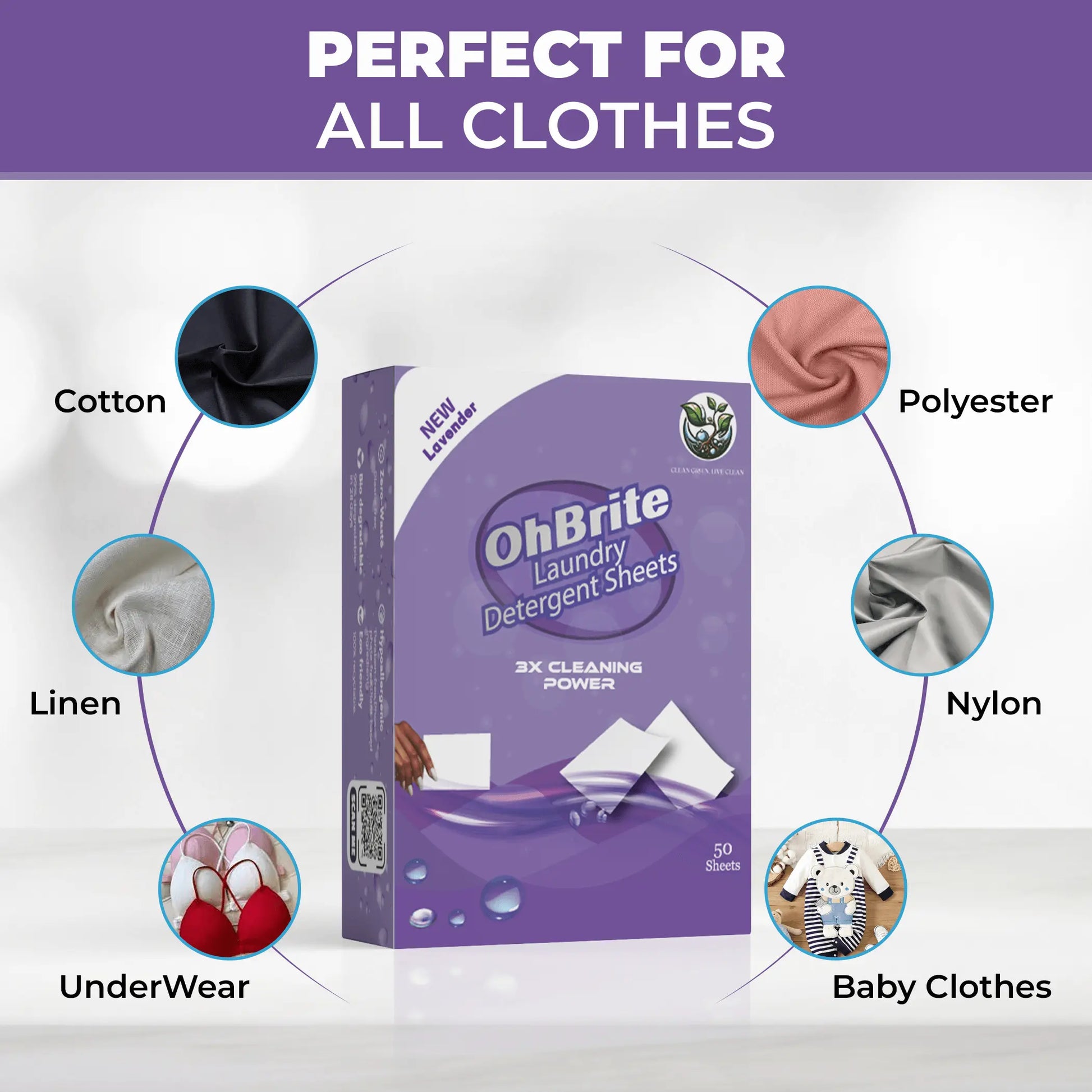 “Natural biodegradable laundry detergent sheets in fresh linen scent with lightweight zero-waste OhBrite packaging”